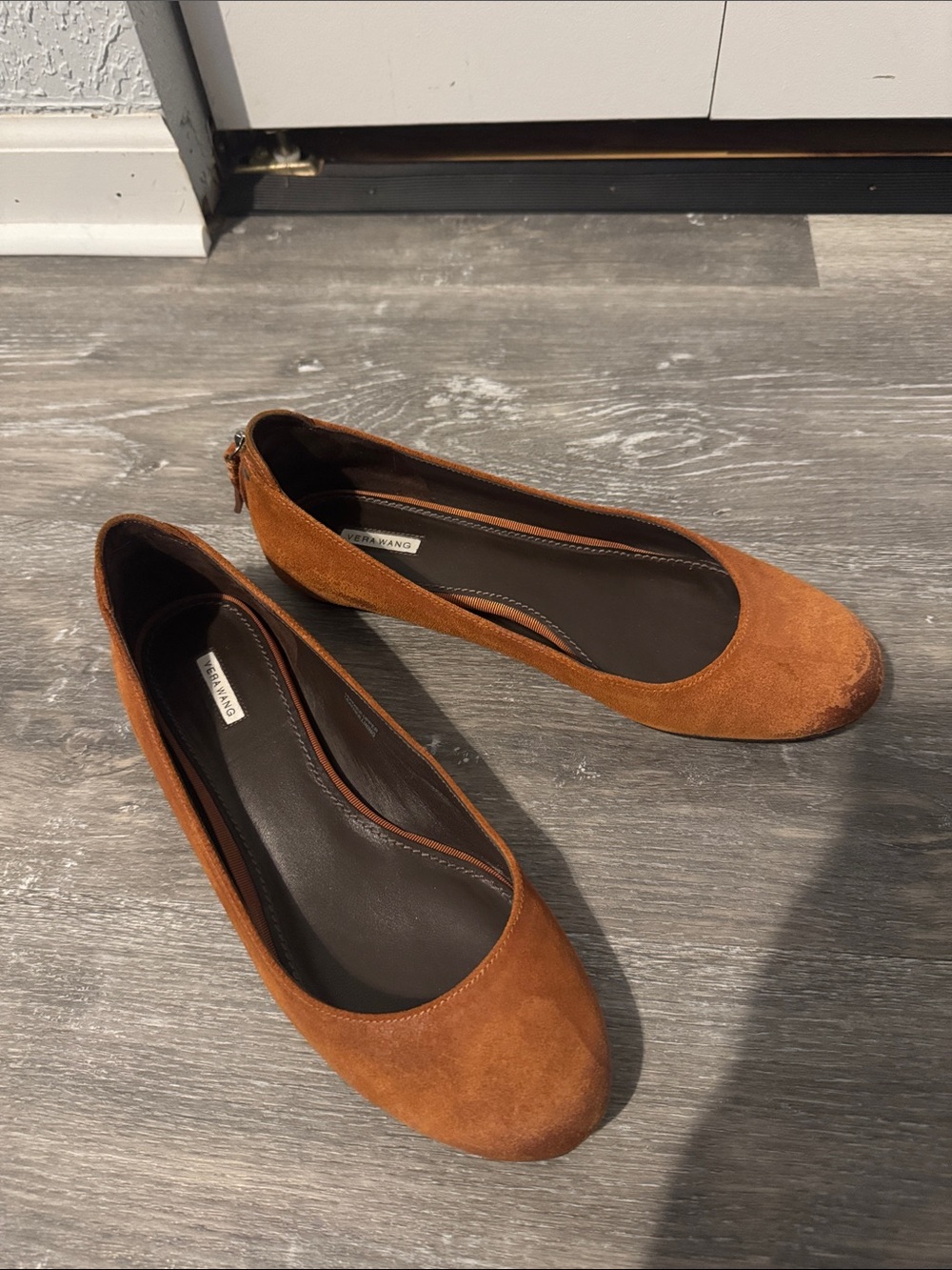 Vera Wang Suede Ballet Flats in Cognac with Faux Zipper on Heel